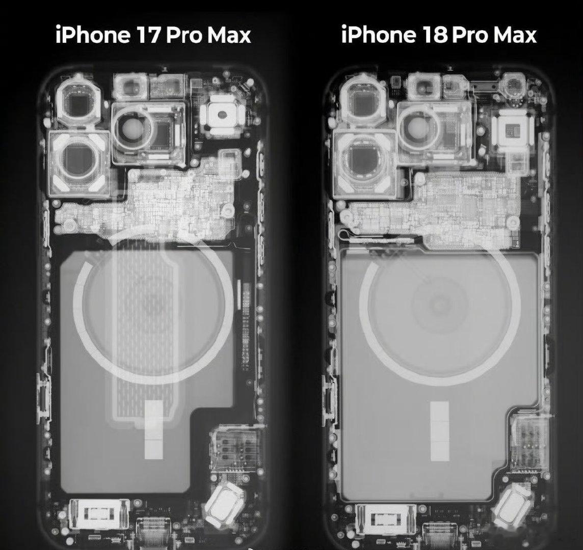 iPhone 17 Pro Max 与 iPhone 18 Pro Max 的 X 射线图像
#iphone18# ​