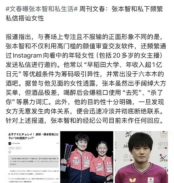 刚夺亚运金牌，张本智和被曝私生活争议
刚捧回男团金牌。
 才过没几天。
 张本智和又上热搜。
 这回是因为私生活。
 文春曝光猛料。
 说他玩交友软件。
 私信搭讪女主播。
 亮出高薪和学历。
 酒品差爱爆粗口。
 被拒就立刻断联。
 他刚拼下六十年首金。
 也零封过世界第一。
 如今却陷入舆论。