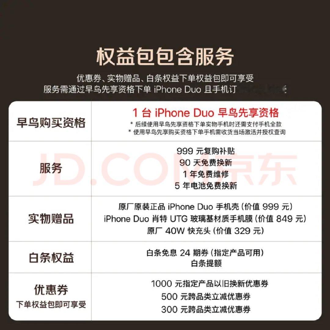 京东下场自己当黄牛？？？？

搞了一个早鸟享权益包，卖8000块钱，拥有iPhone Duo优先购买权[允悲][允悲] 

虽然也送了不少东西吧，但是感觉也就值一两千的样子[笑cry] ​