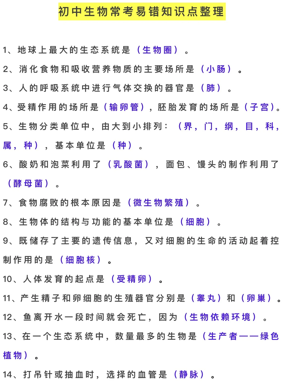 初中生物常考易错知识点整理‼️