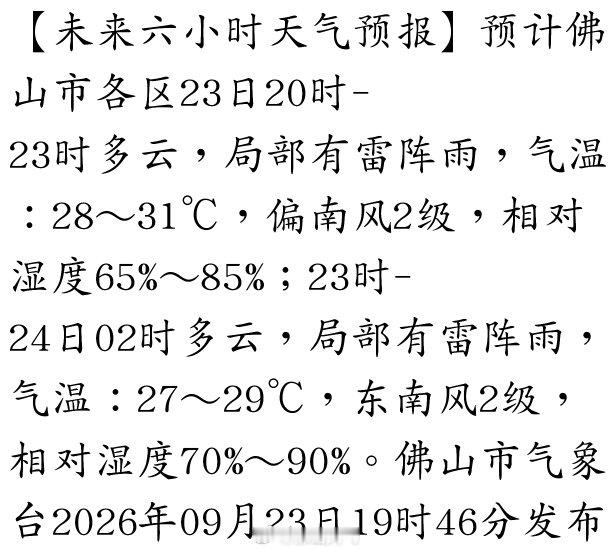 【未来六小时天气预报】预计佛山市各区23日20时-23时多云，局部有雷阵雨，气温：28～31℃，偏南风2级，相对湿度65%～85%；23时-24日02时多云，局部有雷阵雨，气温：27～29℃，东南风2级，相对湿度70%～90%。佛山市气象台… ​