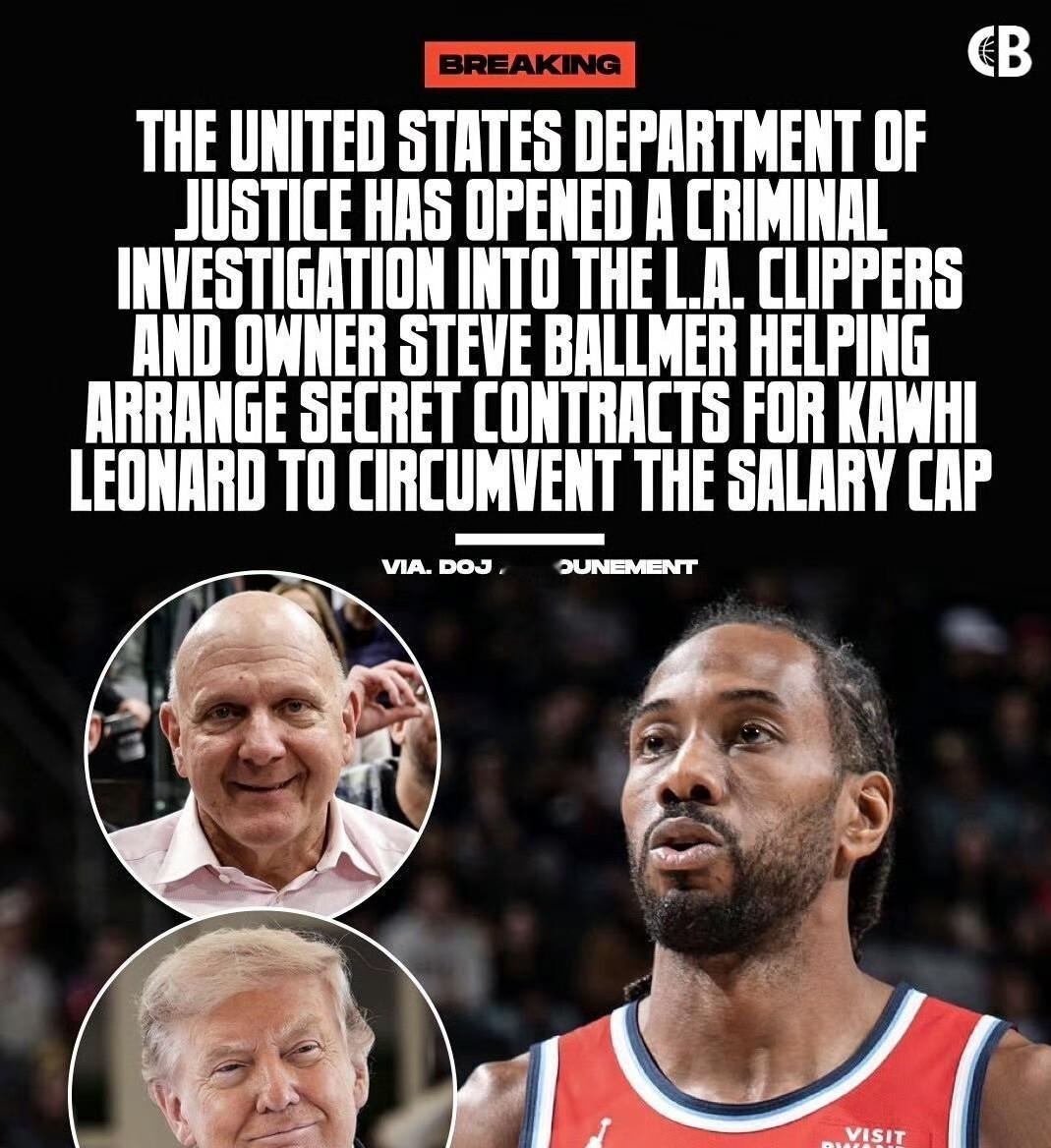 快船老板鲍尔默这次是真摊上事了，NBA罚单刚落地，联邦检察官的刑事调查又砸下来，事情已经从联盟内部闹到了国家层面。联盟查了快船近一年，认定他们通过Aspiration等第三方公司给伦纳德安排秘密代言，变相绕开工资帽。罚单确实够重：3000万美金、2029到2033五年首轮签全没收、鲍尔默禁赛一年、两
