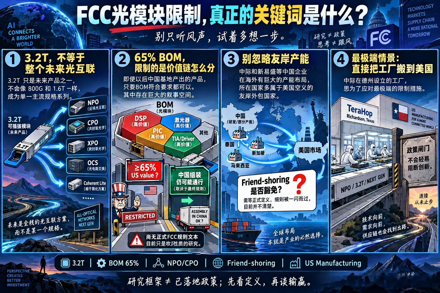 解读光模块的可能限制，关键词在哪里？

这两天，FUNDA 和大摩关于 FCC 潜在光模块监管框架的文章，值得仔细看。

但市场上很多解读有一个很有意思的习惯：研究机构刚刚把“可能怎么管”写出来，很多人马上就把它读成了“美国已经决定这么管”。这中间，其实差了一大截。

真正值得看的，反而是那些被 ​