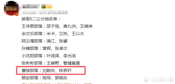 曹骏二公分组
 
披哥二公分组路透一出，直接引来全网热议！谁也没想到，曹骏这次直接扛起队长身份带队作战。
 
一开始不少网友以为，他会被强队争抢，抱上实力歌手大腿。可反转来了，最终他带领刘畊宏、陈若轩组成三人部落，演员跨界的阵容，对比满是专业歌手的其他队伍，并不占优势。
 
很多人替他捏一把汗，担心