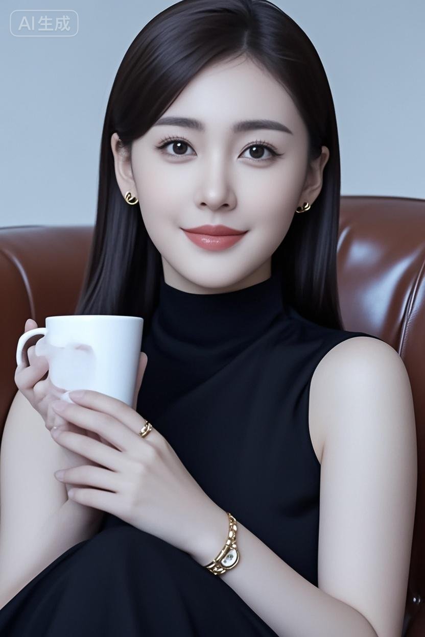 优雅黑裙，轻啜咖啡，享受宁静时光。