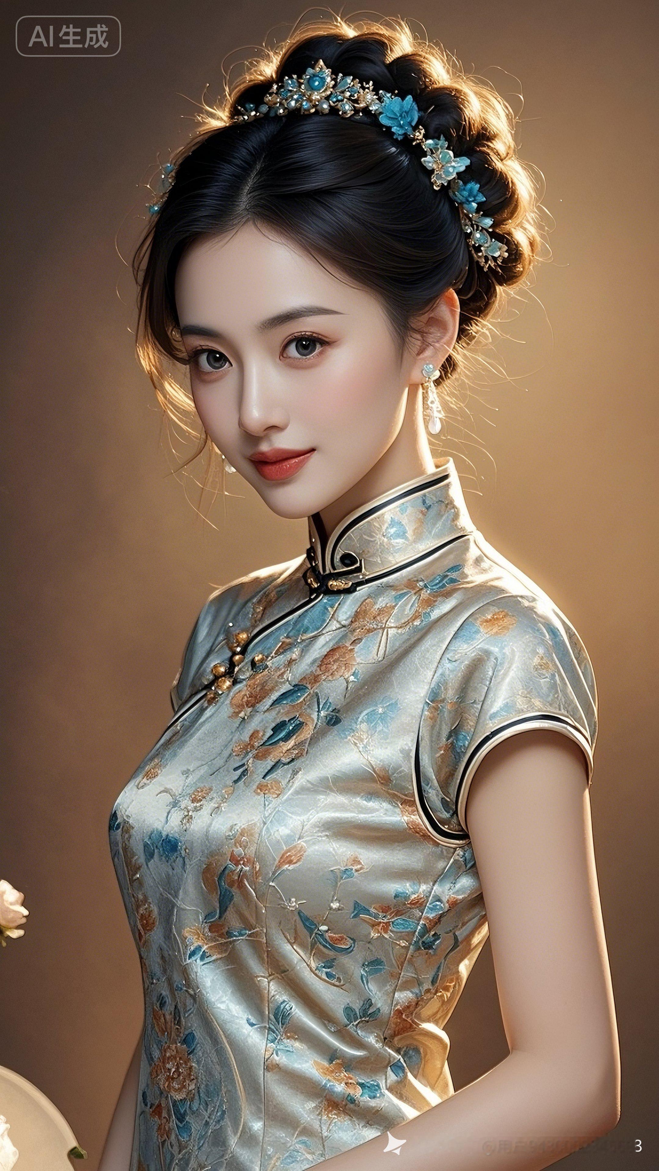 美女冷白皮细腻如凝脂，精致五官搭配明亮大眼与璀璨眼神光，长睫轻颤。盘发...