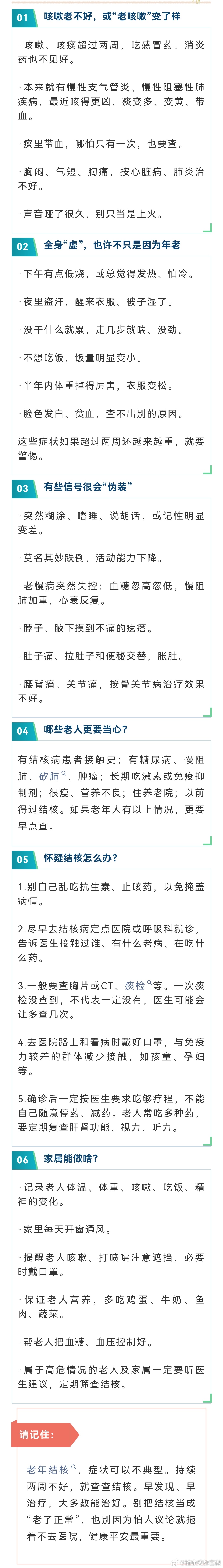 #听医者说#【有这些情况，别总说“年纪大了”，请早点查查结核[照相机]】#老龄健康# 很多得了结核病的老年人，不像年轻人那样明显咳嗽、发烧。他们可能只是没精神、不想吃、瘦了、浑身没劲，或者原来控制挺好的糖尿病、慢阻肺突然变差了。家里人常以为是“老了正常”“感冒了”“老毛病犯了”，结果拖 ​