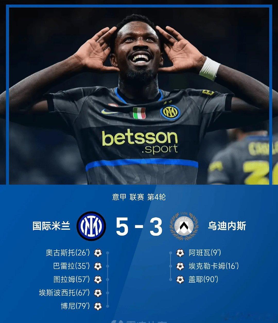 🔥进球大战！国米主场5-3击败乌迪内斯⚽
意甲第4轮上演对攻好戏！奥古斯托、巴雷拉、图拉姆、埃斯波西托、博尼先后破门。乌迪内斯顽强反击，阿班瓦、埃克勒卡姆、盖耶取得进球。一场8球盛宴，国米拿下主场胜利💥

#国际米兰5比3乌迪内斯 #意甲 #国际米兰 ​