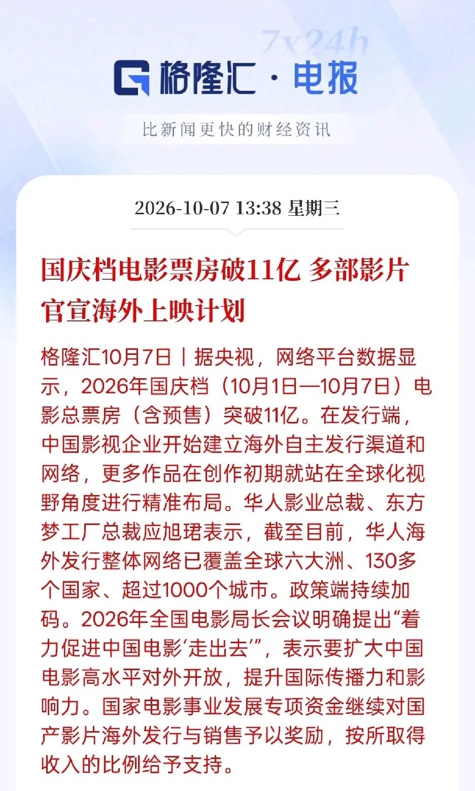 国庆档票房破11亿！电影圈又出大利好！
2026年国庆档票房破了11亿，而且多部影片官宣了海外上映计划，政策上还要给专项资金发“出海红包”！

站在a股的角度来理解这条消息：

第一，国内基本盘稳了，但真正的“预期差”在海外。
11亿的票房（含预售），说明大家过节看电影的习惯没变，影视消费是实打 ​