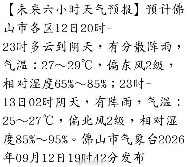 【未来六小时天气预报】预计佛山市各区12日20时-23时多云到阴天，有分散阵雨，气温：27～29℃，偏东风2级，相对湿度65%～85%；23时-13日02时阴天，有阵雨，气温：25～27℃，偏北风2级，相对湿度85%～95%。佛山市气象台2… ​