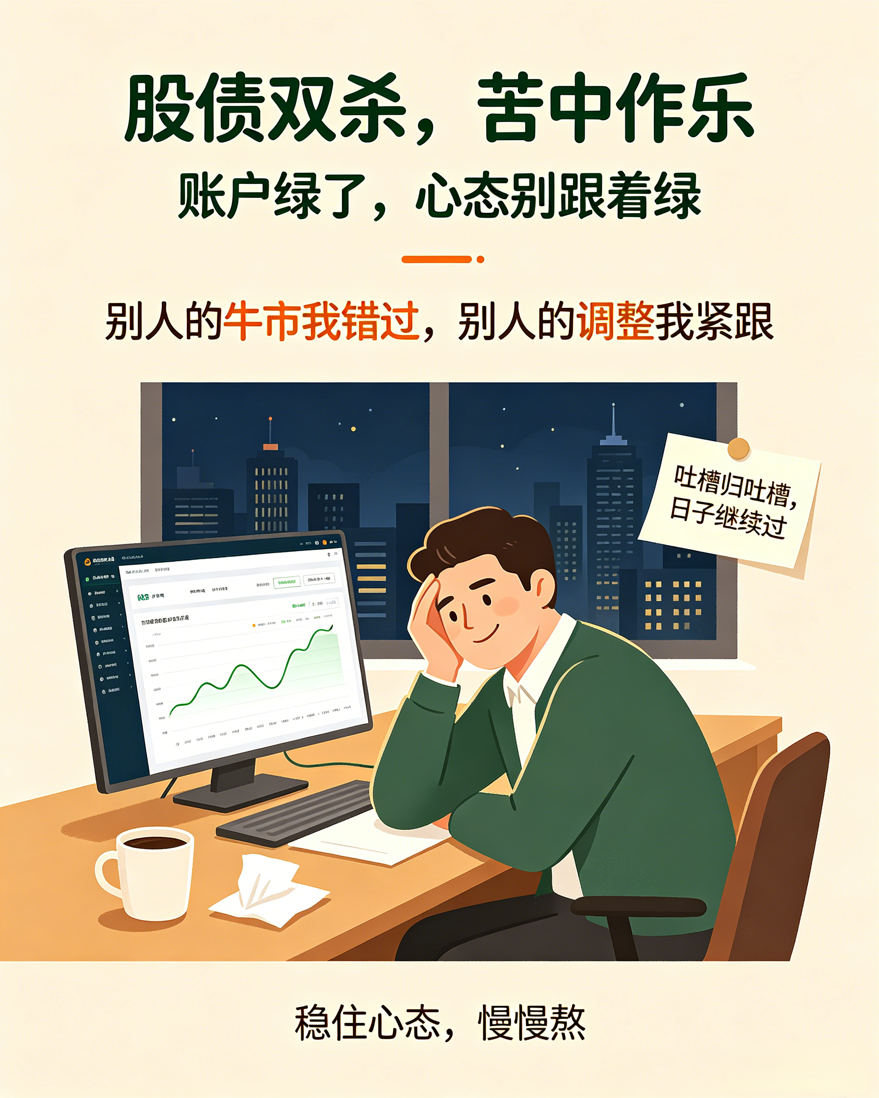 今夜股债双杀吃肉没赶上、吃药很准时 国庆长假这几天，外围一路狂飙，不少指数还创出新高，看着别人大口吃肉，我们只能在假期里眼巴巴围观。结果假期一结束，轮到我们开盘了，外围转头开始回调。会不会完美上演：别人吃肉我们没赶上，别人一感冒，我们立马跟着吃药🤦♂️会不会股债双双承压，账户绿油油一片。A股这个节奏真的很有“特色”，主打一个涨的时候缺席，调整的时候绝不迟到。吐槽归吐槽，苦中作乐一下，就当市场又给我们交学费了。稳住心态，慢慢熬，静待转机吧。国庆后开盘