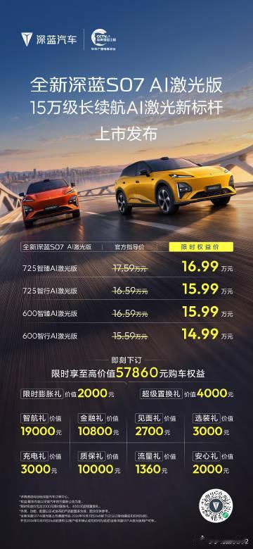 限时优惠价14.99万起 ！
全新深蓝S07 AI激光版上市发布
即刻下订，立享10大购车权益 #长安汽车# ​​​