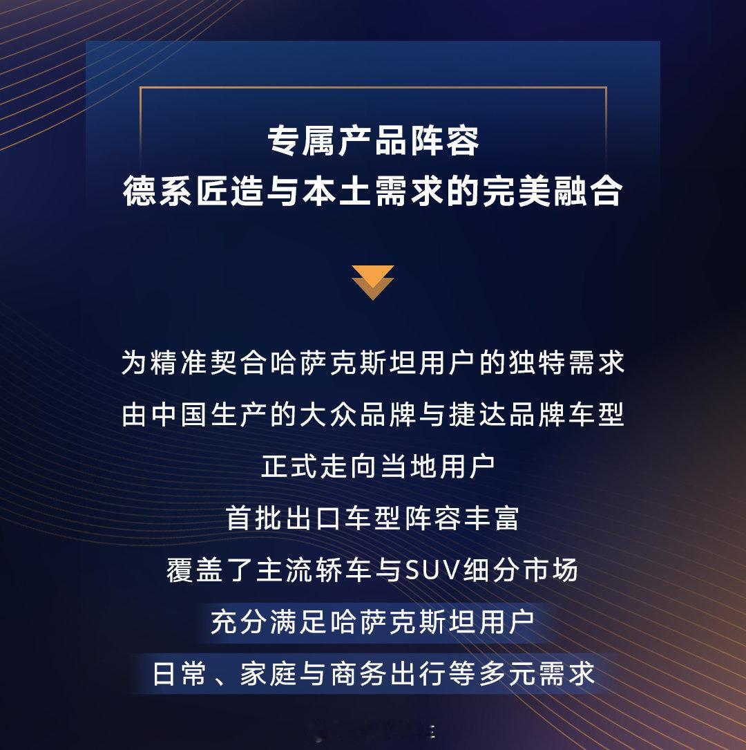 #大众汽车# 正式启动哈萨克斯坦出口业务，开启中亚市场新篇章！🎉首批出口车型均由生产，并针对当地路况、气候条件及用户需求进行量身定制，让德系匠造更好融入当地出行生活。依托在华积累的研发与制造能力，大众汽车正加速推进全球化出口战略，让“中国智造”走向更多全球新兴市场。 ​