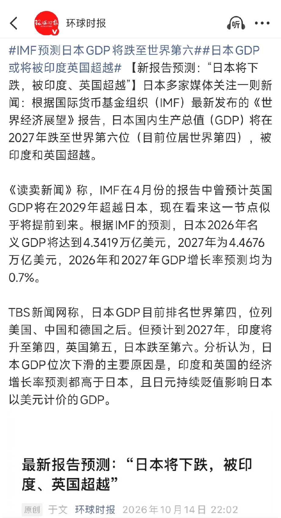 IMF预测日本GDP将下跌到全球第六。我持保留态度。

日本GDP下滑是必然趋势，毫无争议。关键问题在于印度。

印度的GDP一直是个神秘莫测的东西。按照印度自己的统计，印度在2025年就达到4.18万亿美元，已经超越日本成为世界第四。

这个数字一开始是被IMF认可的，因为和他们的预测相当。但经过