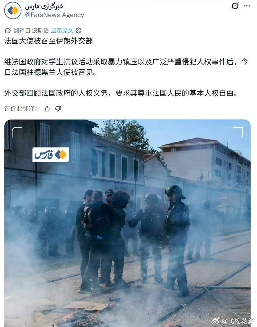 法国这么暴力镇压国内人民，伊朗站出来与法国人民一道谴责法国政府[笑而不语] ​