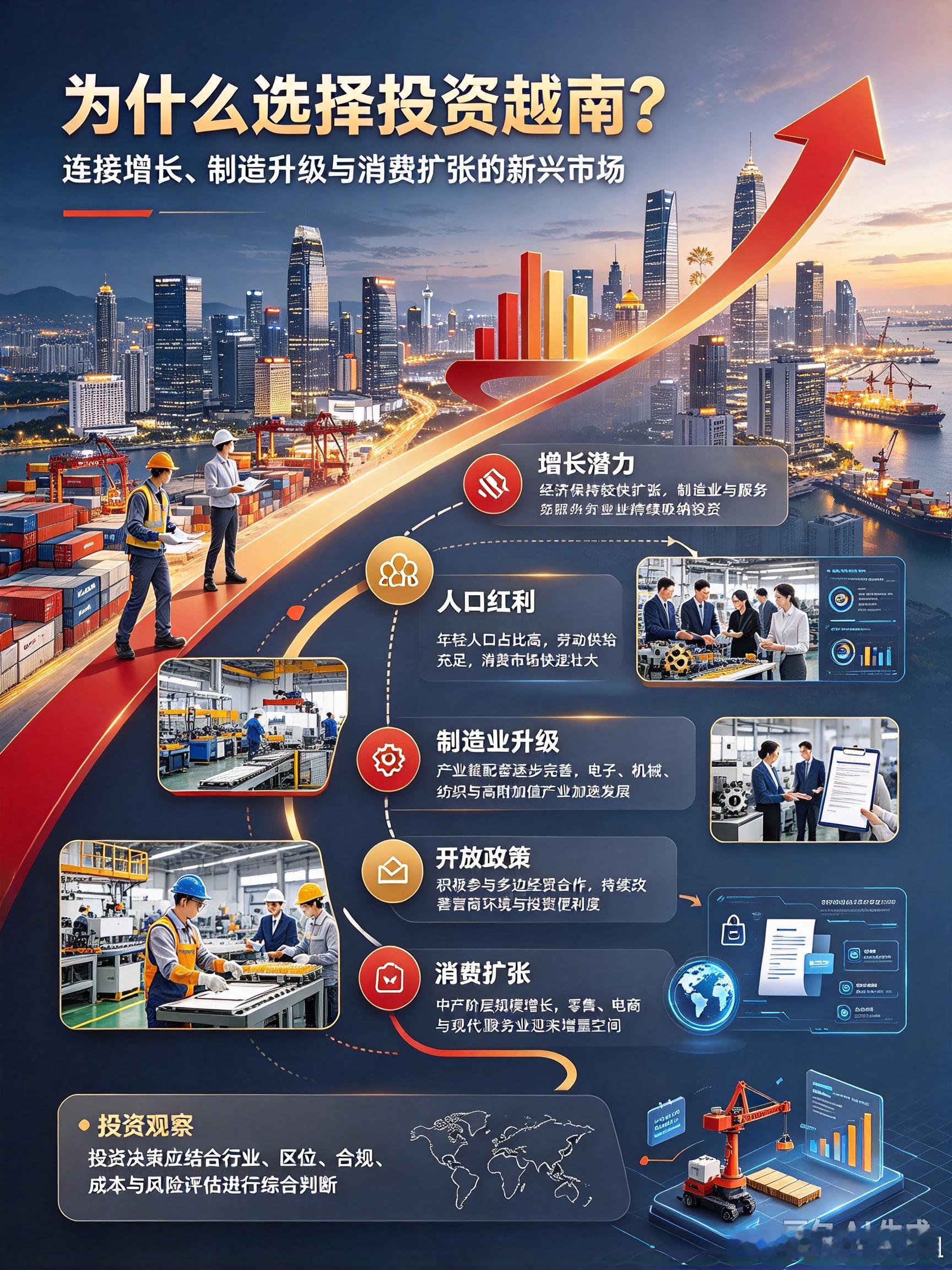 🔥为什么越来越多老板把工厂搬到越南？
1️⃣ 经济增速东盟领跑，近十年 GDP 年均涨约 6%，制造业出口连续高增长📈
2️⃣ 9800 万人口红利，劳动年龄人口约七成，用工成本仅为国内一半左右，年轻好管理👷
3️⃣ 自贸协定 buff 拉满，CPTPP、EVFTA、RCEP 在手，出口欧美零关税或低关税，直接绕开 ​