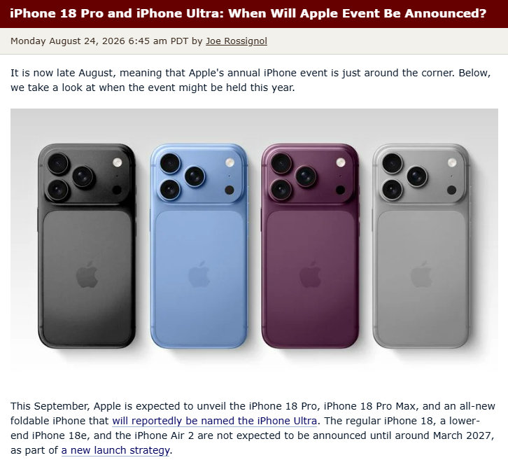 #iPhone18涨价幅度#
发布会时间可能有变，目前有两种说法：
1.9月9日开，12日开启预购（较主流）
2.挪到9月14/15日，18日预售，25日正式上市（只是可能）
无论哪种分析，都不确定iPhone Ultra是否与iPhone 18 Pro系列同期发布，但肯定会用录播[摊手] ​