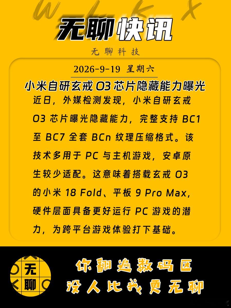 【小米自研玄戒 O3 芯片隐藏能力曝光】
近日，外媒检测发现，小米自研玄戒 O3 芯片曝光隐藏能力，完整支持 BC1 至 BC7 全套 BCn 纹理压缩格式。该技术多用于 PC 与主机游戏，安卓原生较少适配。这意味着搭载玄戒 O3 的小米 18 Fold、平板 9 Pro Max，硬件层面具备更好运行 PC 游戏的潜力，为跨平台游戏 ​
