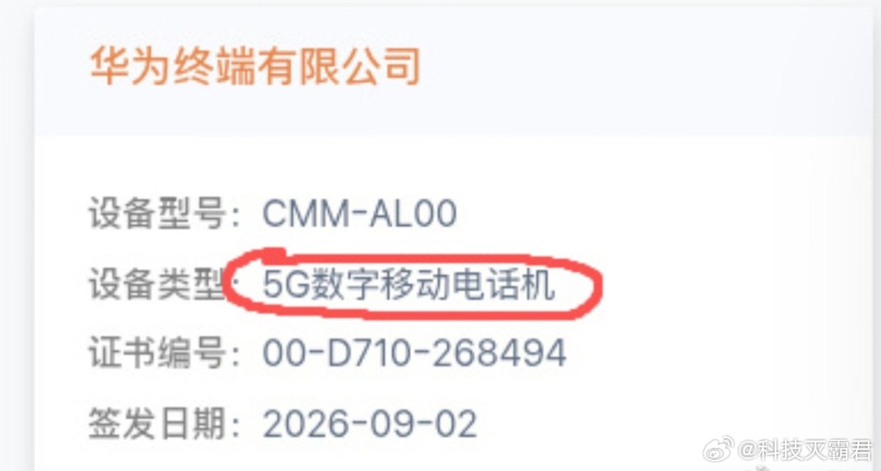 #曝华为mate90系列入网# 爆料华为Mate90系列已完成入网认证，设备标注5G数字移动电话机，国行旗舰有望迎来5G回归。入网信息显示Pro版配备6颗摄像头，电池额定6615mAh，预计典型容量约6800mAh。更多硬件细节还待官方揭晓，坐等发布会。 ​