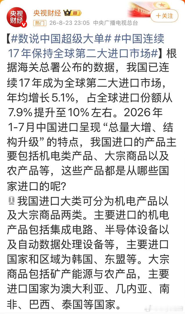 #中国连续17年保持全球第二大进口市场#
海关数据出来，我国已经连续17年稳居全球第二大进口市场，占全球进口份额提升至10%左右。作为超级大买家，我们的买买买来源遍布全世界。

前7个月，从东盟大量进口零部件、农林产品；从韩国主要买存储芯片、半导体材料；澳洲送来铁矿石、牛羊肉；巴西、泰国提供 ​