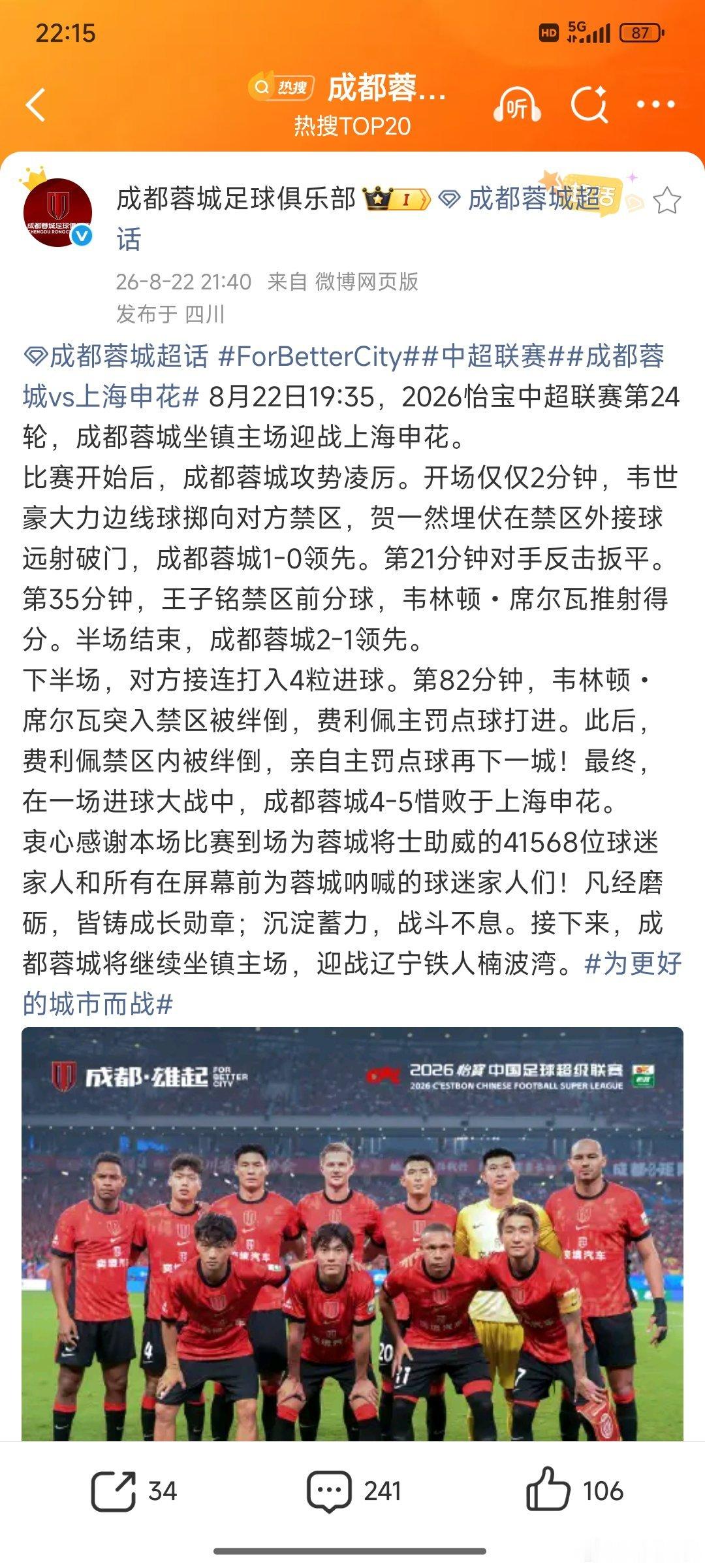 #成都蓉城[超话]# “惜败”？脸都不要了？凤凰山史上最大丢分！5个球！不是裁判顶住压力的两个点球，你娃最多3-5！
罗二娃连连续两个威胁球造点，费利佩两个点球连续罚进，影响你拿“凤凰山史上最大分差”成就了，是吧？所以“惜败”？外援+国脚/准国脚的阵容，被你踢成这个鬼样子 ​