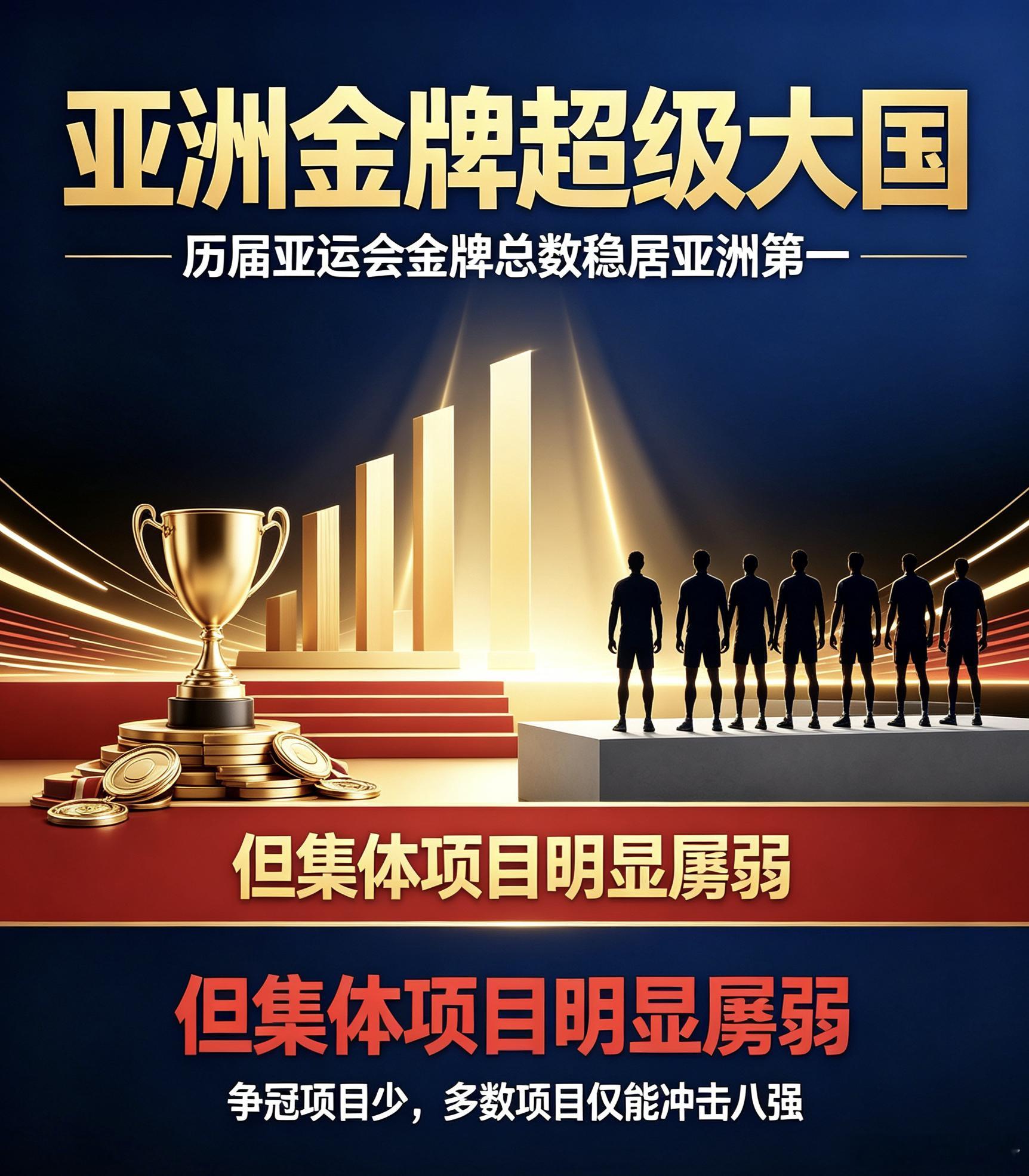 中国是亚洲公认的体育超级强国，但这个地位主要靠个人竞技项目维持的，而集体项目却显得与我们的强国地位极其不对称，尤其是男子集体项目成绩极差。
历届亚运会中，中国斩获金牌数量常年占据赛事总金牌数的近一半，1990年北京亚运会更是豪取183枚金牌，占当届赛事金牌总数接近60%，金牌总量远超亚洲其 ​