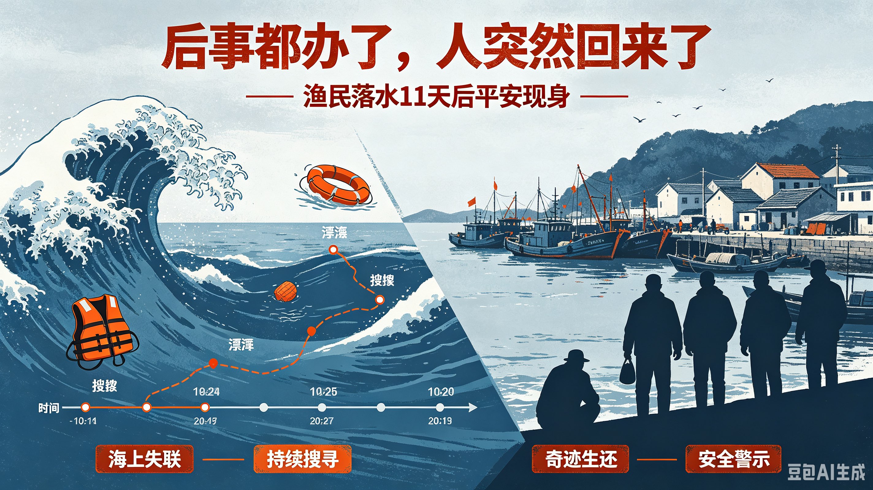 渔民落水11天后：后事都办了，人突然回来了

这不是电影情节，而是一起真实发生在沿海地区的海上奇闻。一名渔民在作业期间落水失联，经过多日搜寻没有结果，家属按照当地风俗办理了后事。然而令人震惊的是，落水11天后，这名渔民竟然突然出现，平安回到了家中。消息传开后，整个渔村都陷入了惊讶和议论。

据了解，