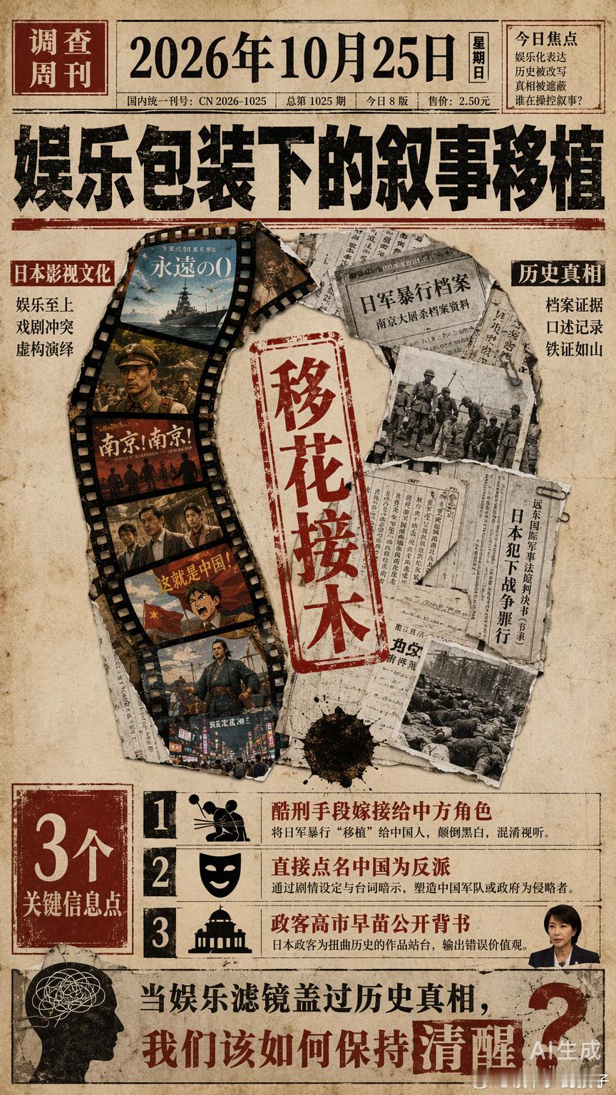 看热搜聊“日剧Vivant抹黑中国”，心里那股关于历史叙事被娱乐化篡改的紧绷感一下子上来了。

TBS电视台在第二季里直接把侵华日军的酷刑手段嫁接给中国角色，甚至突破惯例直接使用真实国名作为反派设定，这种“移花接木”式的剧情设计，直接把日本右翼试图颠倒加害者与受害者身份的系统性认知战推到大 ​