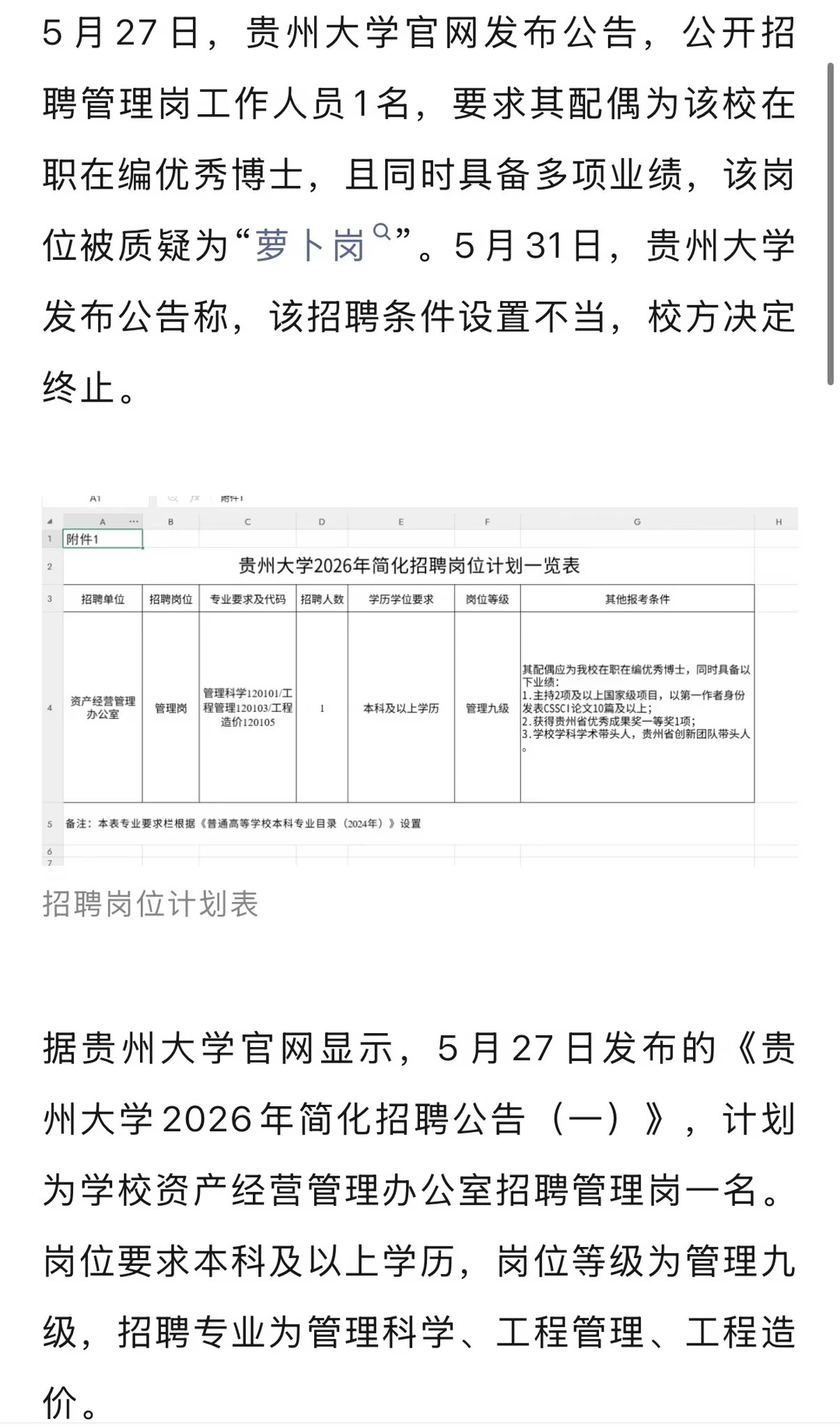 贵州大学道歉：条件设置不当，已终止招聘