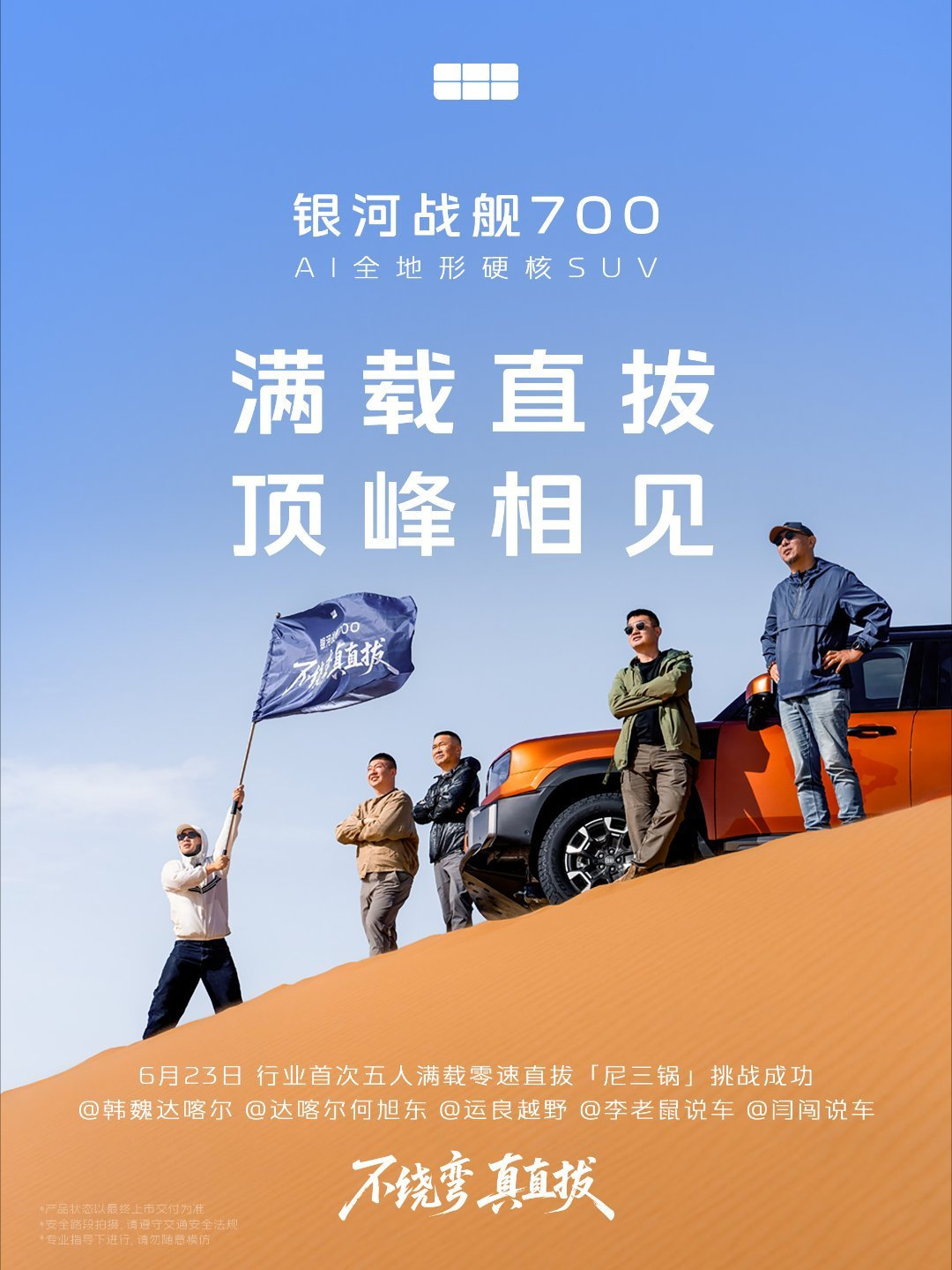 吉利首款 AI 全地形硬核 SUV ， 银河战舰 700 自研发阶段起便以“超标测试、 超纲验证 ” 锤炼产品力，硬核技术支撑百万级越野能力，无惧任何工况越野挑战。

可以期待一下表现，挺有看点。
#银河战舰700##全地形之王# ​