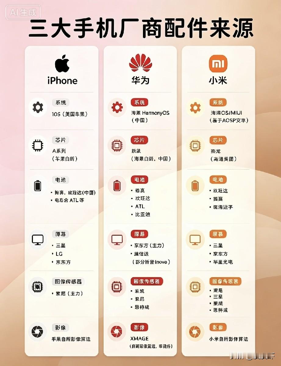 一张图看懂苹果、华为、小米三大手机厂商配件来源！
华为鸿蒙+麒麟，自研实力越来越强；
苹果A系列芯片自研；
小米也有自研影像算法。