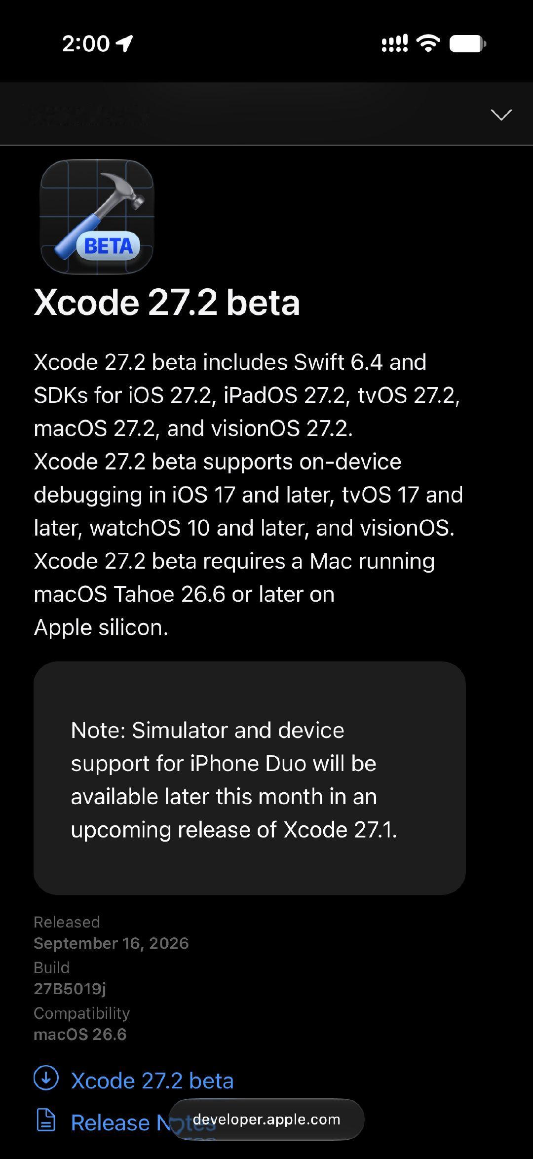 iOS 程序员目前还不能给 iPhone Duo 做适配，得 Xcode 27.1 发布才行 ​