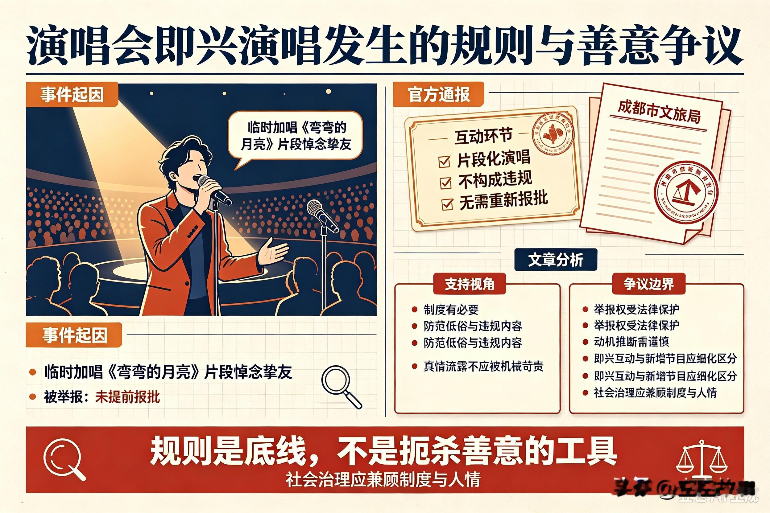 一、内容总结

那英在成都演唱会互动环节，听闻好友刘欢离世，即兴清唱了《弯弯的月亮》片段来悼念。此事随后被人举报，理由是临时增加演唱曲目、没有提前报批，涉嫌违反营业性演出管理相关条例，网友还联想到类似案例猜测那英会被罚款。
成都市文旅局调查后通报：该演唱属于观众互动环节里片段化演唱，没有完整演唱整首