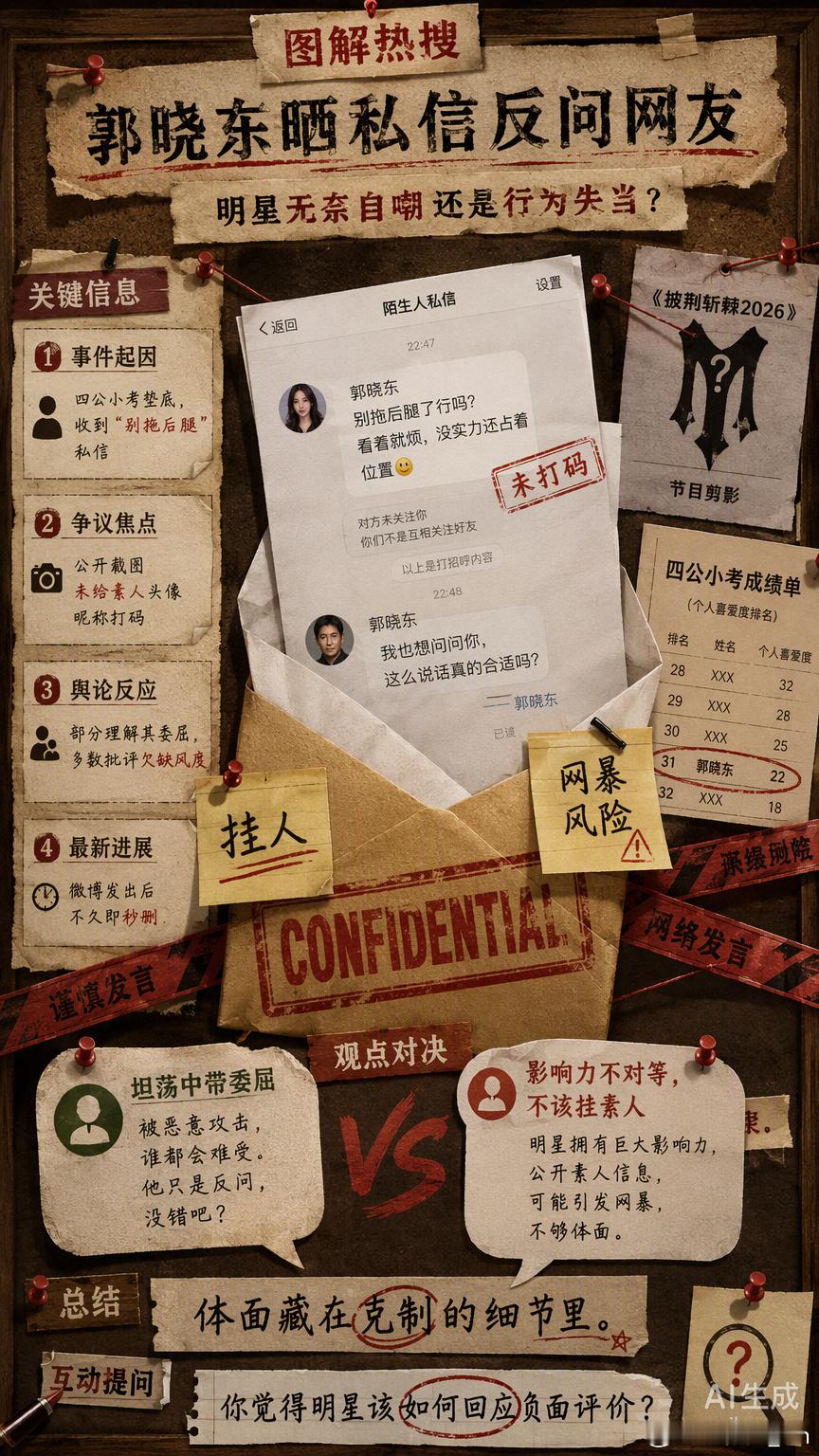 看到郭晓东把网友劝他别拖小沈阳后腿的私信截图发出来，还反问大家该怎么办，心里多少有点五味杂陈。

作为在《披荆斩棘2026》里面临淘汰压力的艺人，面对负面评价想辩解、想自嘲，这种心情其实很真实。但公众人物的影响力毕竟和普通素人不在一个量级，直接把未打码的私信挂到网上，哪怕初衷只是无奈的 ​