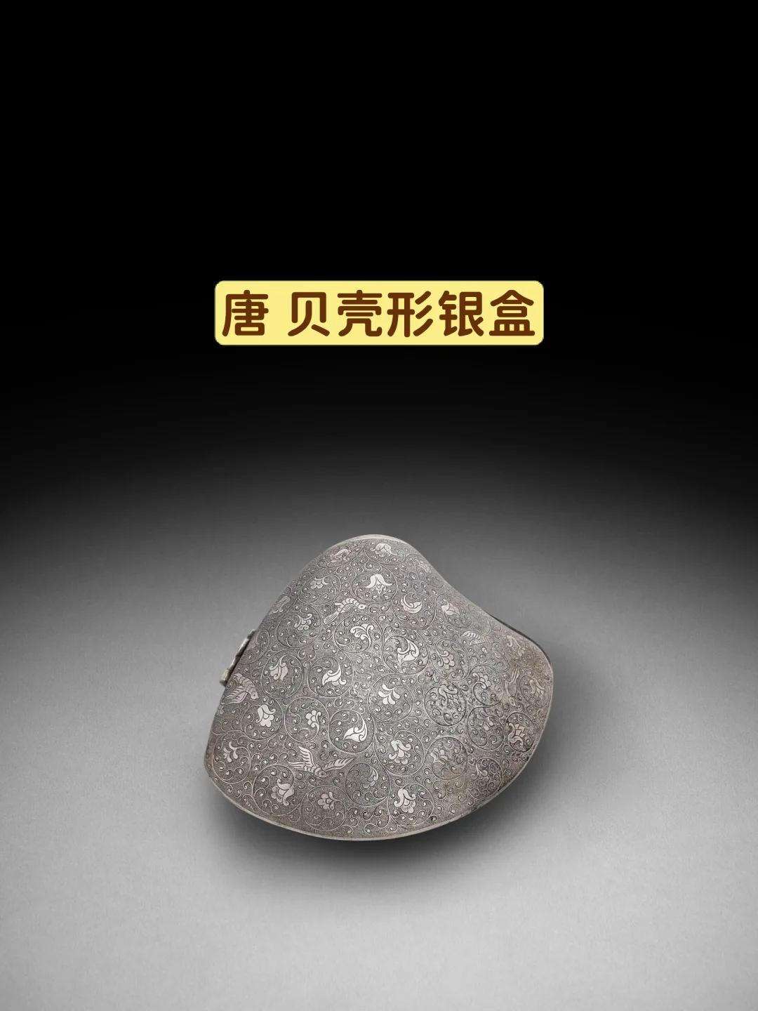 唐　銀鏨珍珠地纏枝卷草花鳥紋貝殼形盒