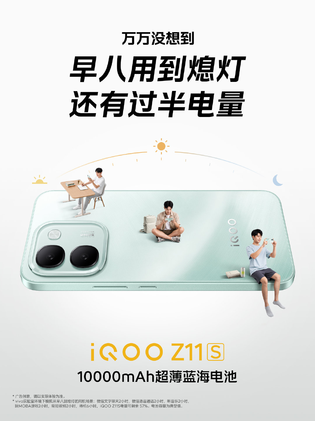 【互动量破万，抽十人送100元JD卡】
万万没想到，#iQOO Z11S#万级续航这么顶！陪你峡谷激战，追番刷剧，踏遍群山，从早八用到熄灯还有电！ 

#iQOO Z11S#10000mAh蓝海电池让你不被电量束缚，放肆去玩，去体验！首销优惠价1799元起，国补到手价1529.15元起！ ​
