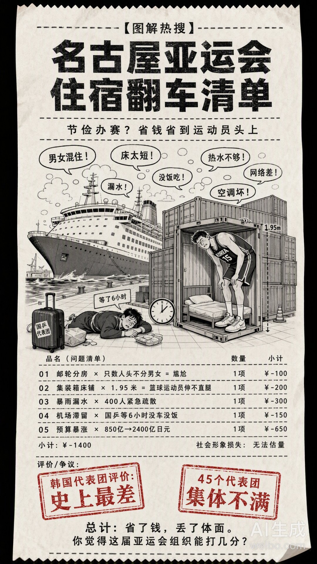 #名古屋亚运会好拉#
名古屋亚运会还未开幕就争议不断。没有专门亚运村，选手只能住邮轮、集装箱房，交通安排混乱，大巴走错路线，多国代表团遭遇出行与食宿难题，门票销量也十分惨淡。不少网友吐槽本届赛事筹备粗糙，期待各国运动员不受场外因素干扰，专注赛场比拼，打出好成绩。 ​