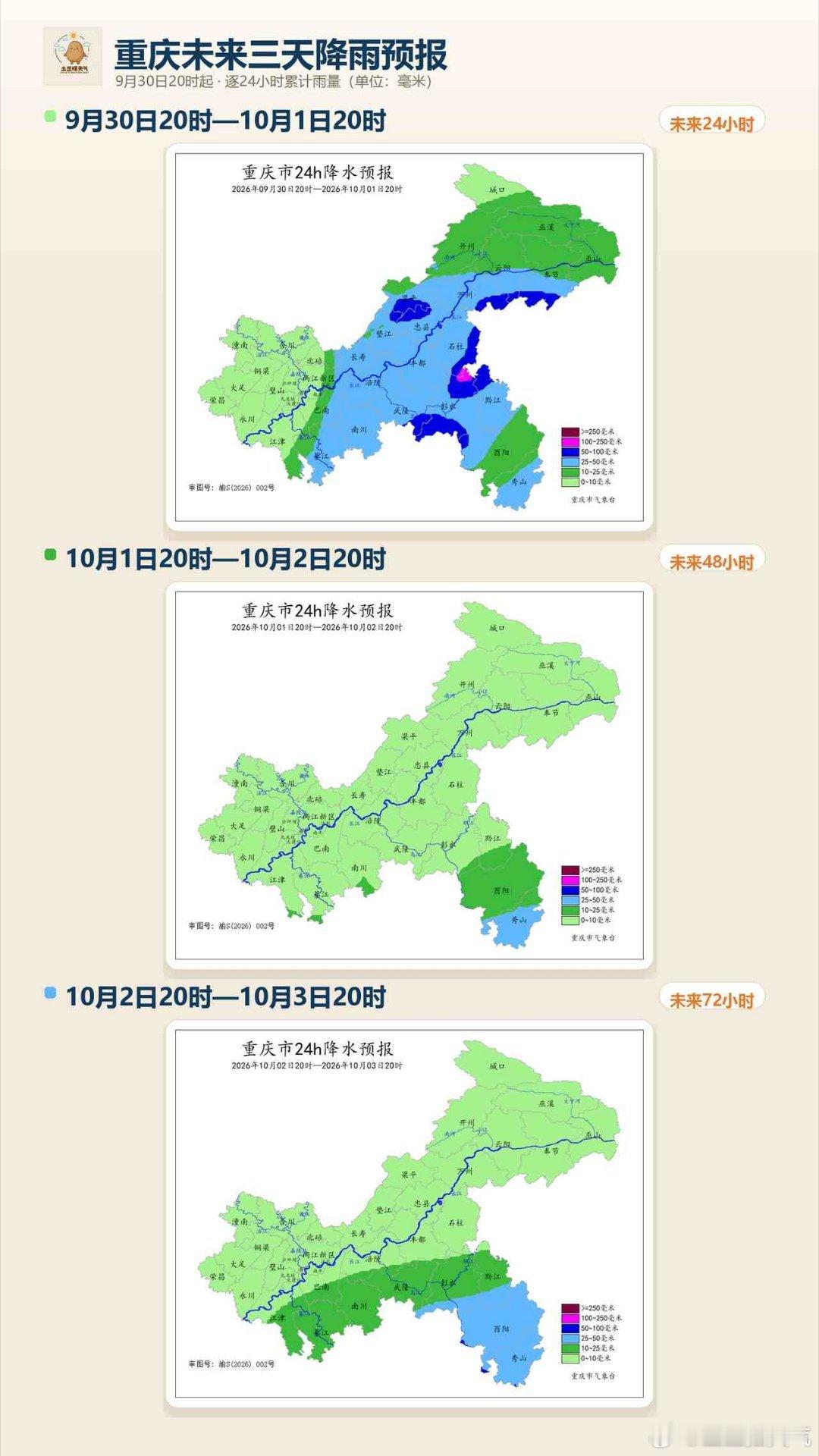 重庆先雨后晴
昨天夜间到今天白天，在綦江丰都出现大暴雨，中心城区也出现大到暴雨，半夜雷声隆隆，雨势还是比较强。
今天夜间有偏东回流冷空气影响，主要还是影响中东部地区，武隆彭水石柱黔江万州云阳等地降雨有大到暴雨，不排除局地大暴雨。
1-4日降雨持续影响，随着冷空气南下，副高南退，雨带也跟 ​