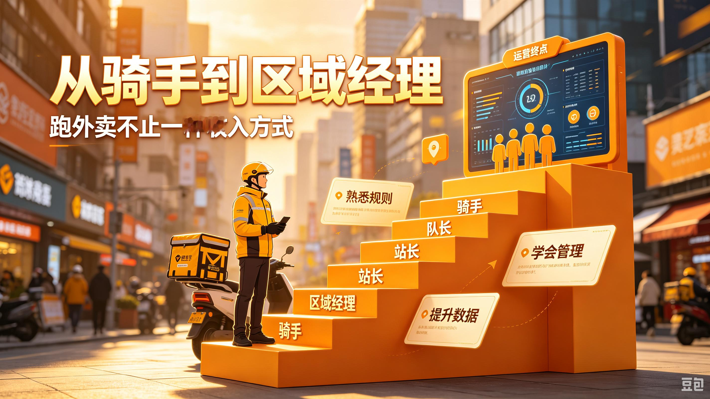 骑手的另一条出路：跑外卖不止埋头送单，还有一条管理晋升通道
 
很多骑手以为跑外卖只能一直不停接单送单，其实平台还有一套管理岗晋升路径：骑手→队长→站长→区域经理。
 
先说说各个岗位大概做什么。
骑手：一线跑单，完成配送任务，熟悉片区路况与订单规则。
队长：管理一小队骑手，盯单量、处理骑手简单纠纷