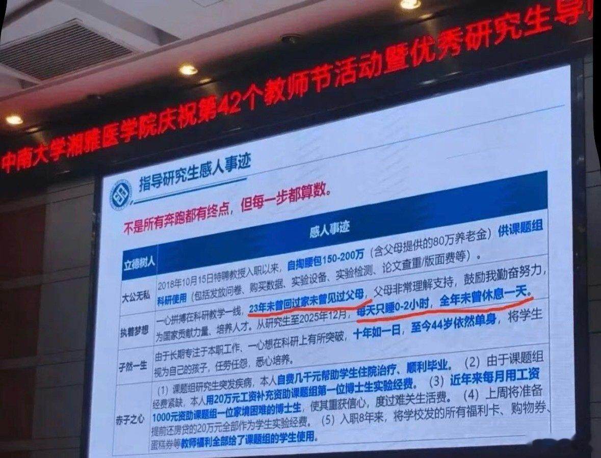 #湘雅医学院教师PPT称23年未见父母#“每天只睡0-2小时”，简直就是医学奇迹[笑cry]

更别说“23年未曾见父母”“自掏腰包200万科研”一看就是夸大了，退一步讲，就算是真的，这种苦难文学也不值得宣扬。 ​
