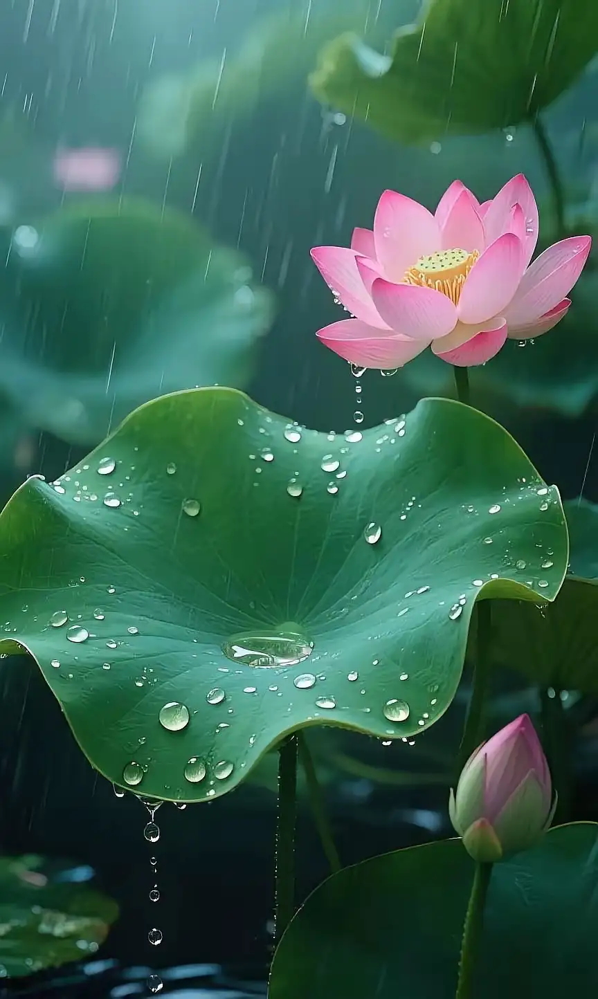 冰天雪地送冬去
夏雨荷花朵朵艳