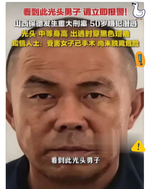 山西一桩重大刑案发生后已过去19天，这名50岁的光头嫌疑人究竟钻进了哪片深山老林，面对全省警方铺天盖地的搜捕网和五万元悬赏，这场高压追踪正步步逼近藏匿的终点。 
 
（信源：光明网---山西一地重大刑案，50 岁光头男子在逃，警方悬赏 5 万元捉拿） 
 
三晋大地的秋意在层峦叠嶂间逐渐浓郁，然而在