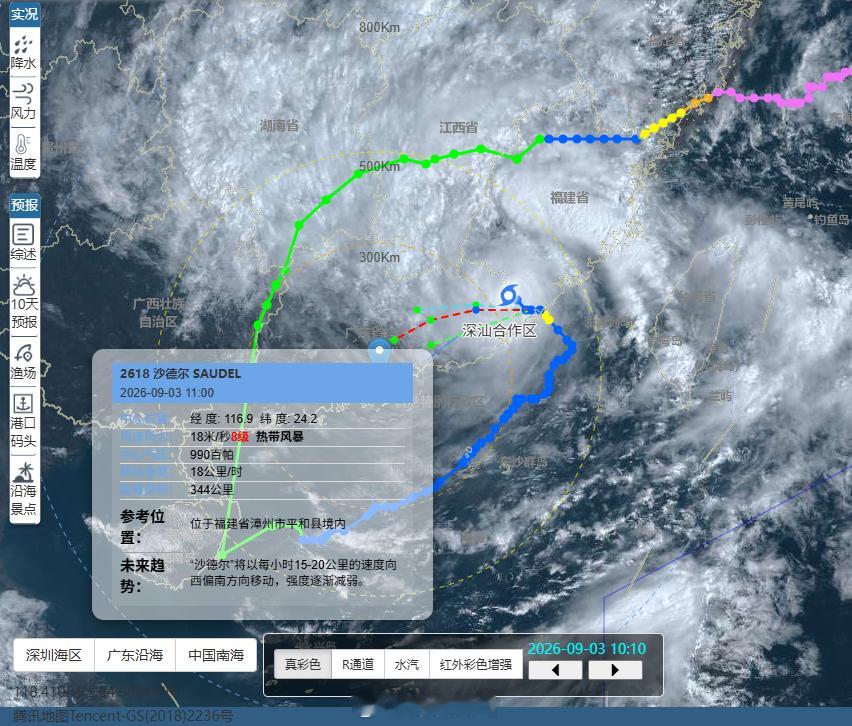 #深圳台风动态# 据中央气象台最新消息：截至11时，今年第18号台风“沙德尔”中心位于广东省潮州市饶平县境内，也就是北纬24.2度、东经116.9度，外围最大风力8级（18米/秒，热带风暴），中心最低气压990百帕。[话筒] 预计，“沙德尔”将以每小时15-20公里的速度向西偏南方向移动，强度逐渐减弱。 ​