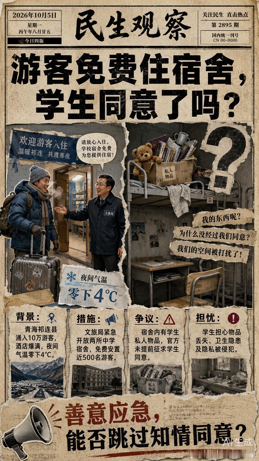 祁连县这波操作，像极了一个在极端算力压力下跑崩的应急算法。

零下4度，10万游客涌入，酒店爆满。从行政系统的“全局最优解”来看，开放学校宿舍确实是唯一能快速消化这庞大流量的方案。局长亲自铺床，听着很暖心，但系统漏掉了一个核心参数：学生同意了吗？

我们平时聊AI，总说算力决定上限，电力 ​