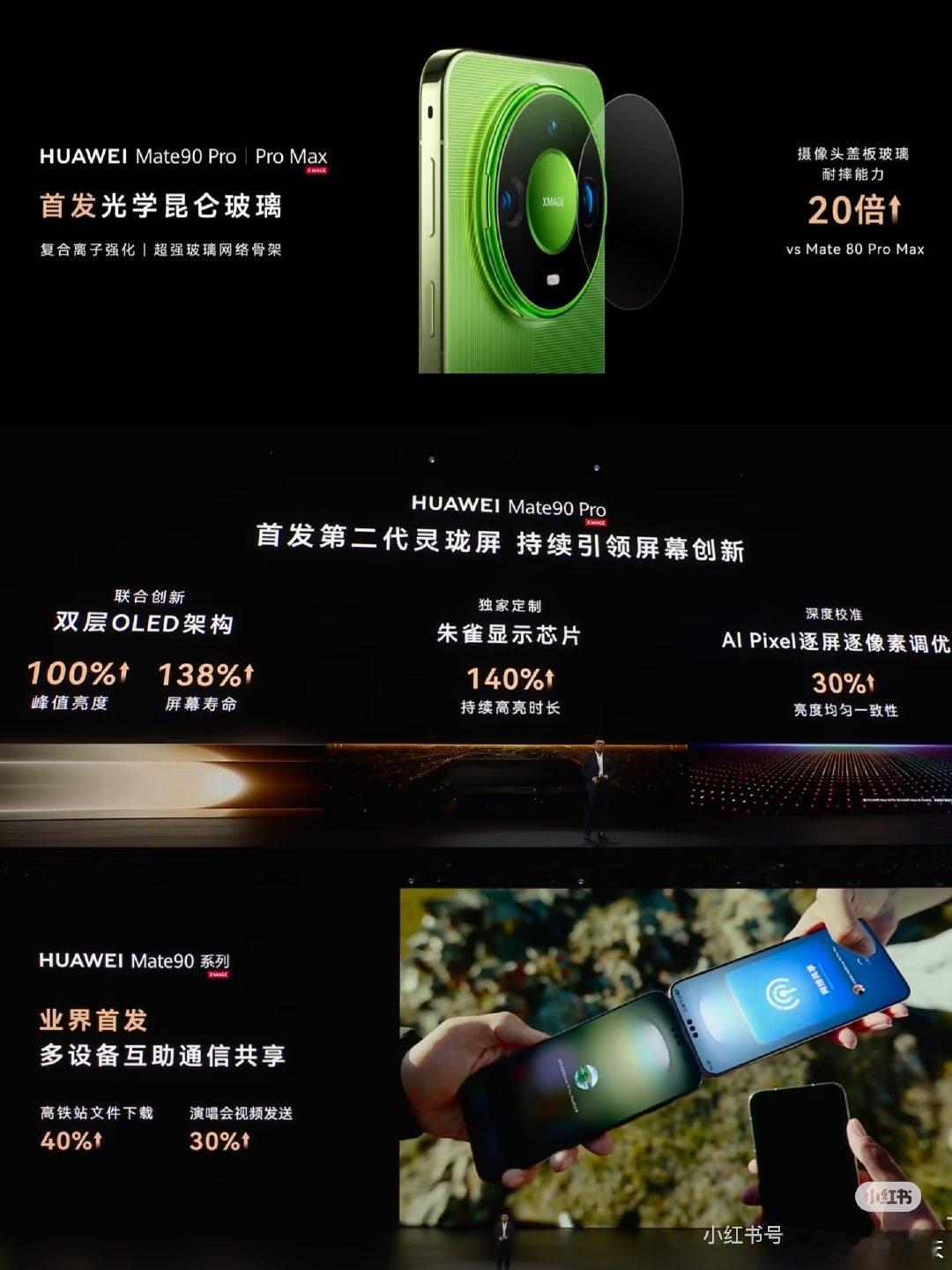 [赞][赞]#Mate90首发光学昆仑玻璃#
• 屏幕：全系第三代昆仑玻璃，耐摔相比Mate80提升50%
• 顶配典藏版：升级玄武昆仑玻璃，反光降低70%、耐刮提升16倍
• 整机：全昆仑玄武架构+IP68/IP69双防水，镜头、屏幕、机身全维防护 ​