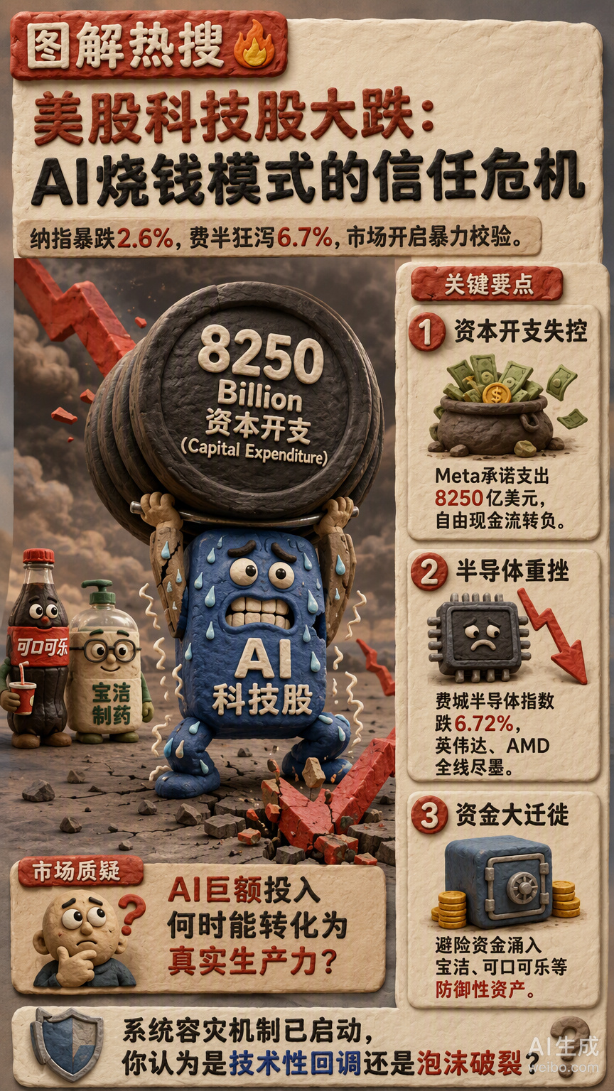 #美股科技股大跌#纳指跌2.6%，费城半导体指数狂泻6.7%。过去两年，巨头们像是在进行一场没有上限的算力军备竞赛。Meta三季度自由现金流十多年来首次转负，却承诺了高达8250亿美元的AI基础设施支出；黄仁勋高喊“资本短缺”，市场却开始质疑这笔巨额投入的转化效率。当底层硬件的堆叠速度远超应用层的落 ​