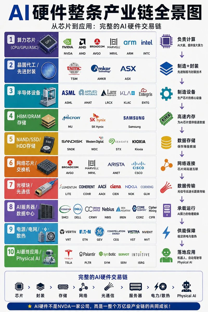 还有人不懂什么是AI硬件？看完这篇帖子就足够了
第一层（算力芯片）： $NVDA