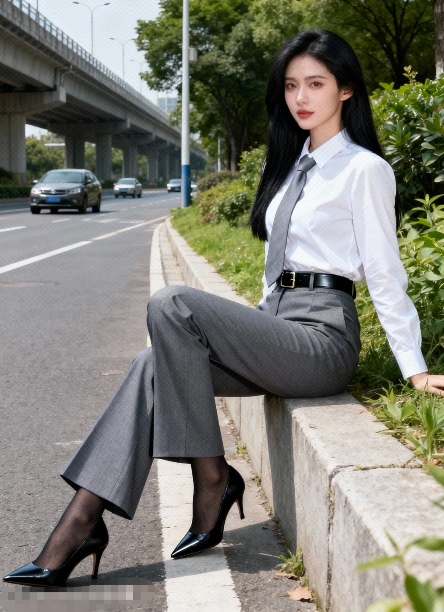 红妆映日娇，都市女郎的优雅姿态，黑白灰的时尚穿搭，都市街头的时尚瞬间。