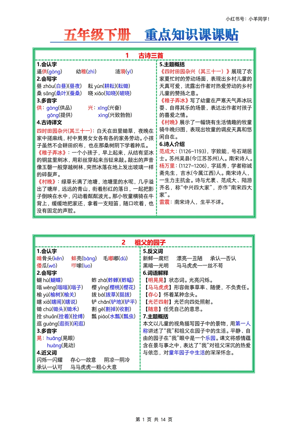 五年级下册丨语文重点知识课课贴【纸质版】