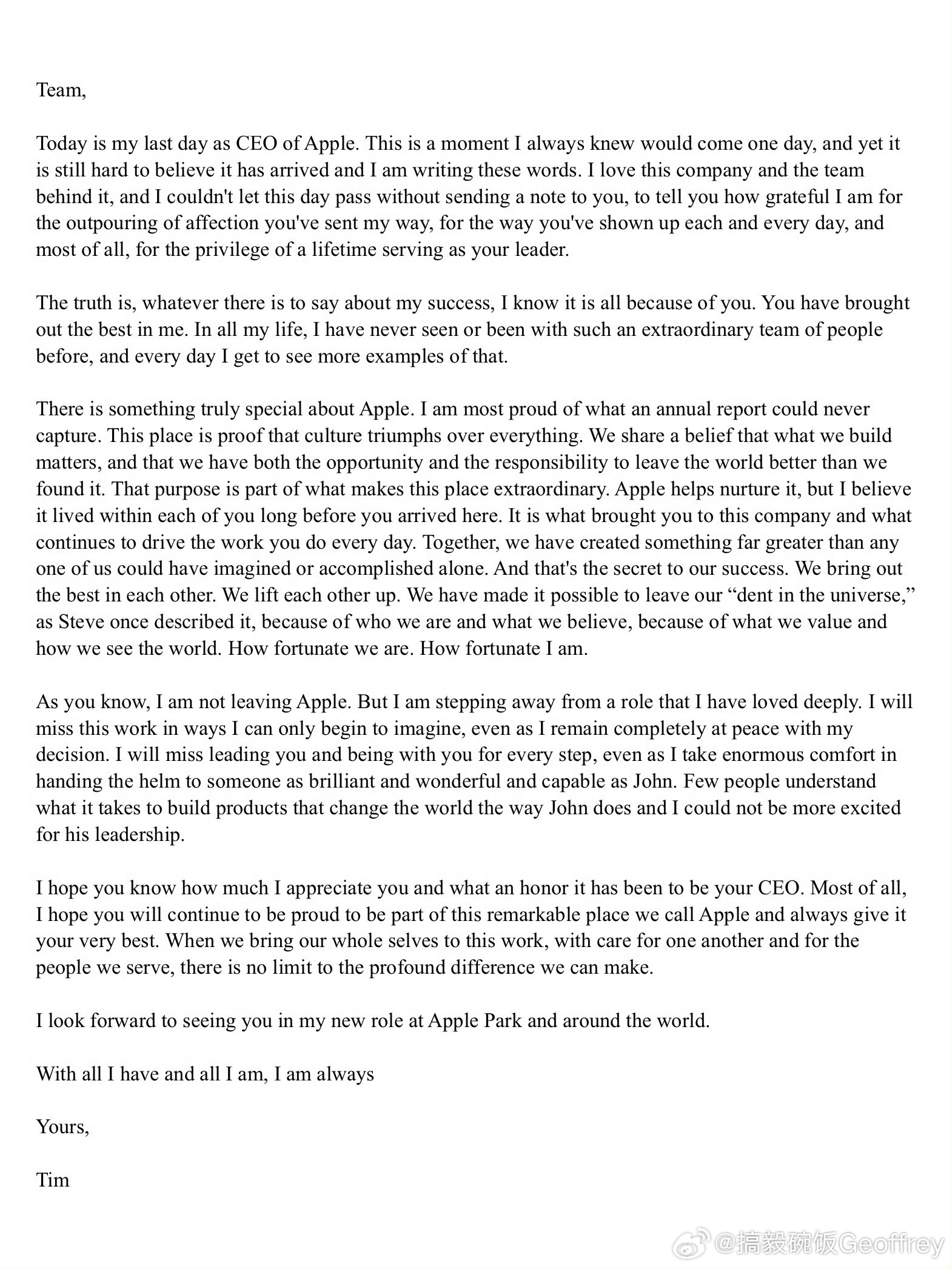 Thank you, Tim Cook, for 15 years of visionary leadership, unwavering commitment, and all the heart you’ve poured into Apple. Your legacy runs deep in everything we’ve come to love about this company. Wishing John Ternus every success as he takes the helm — here’s to Apple’s ​